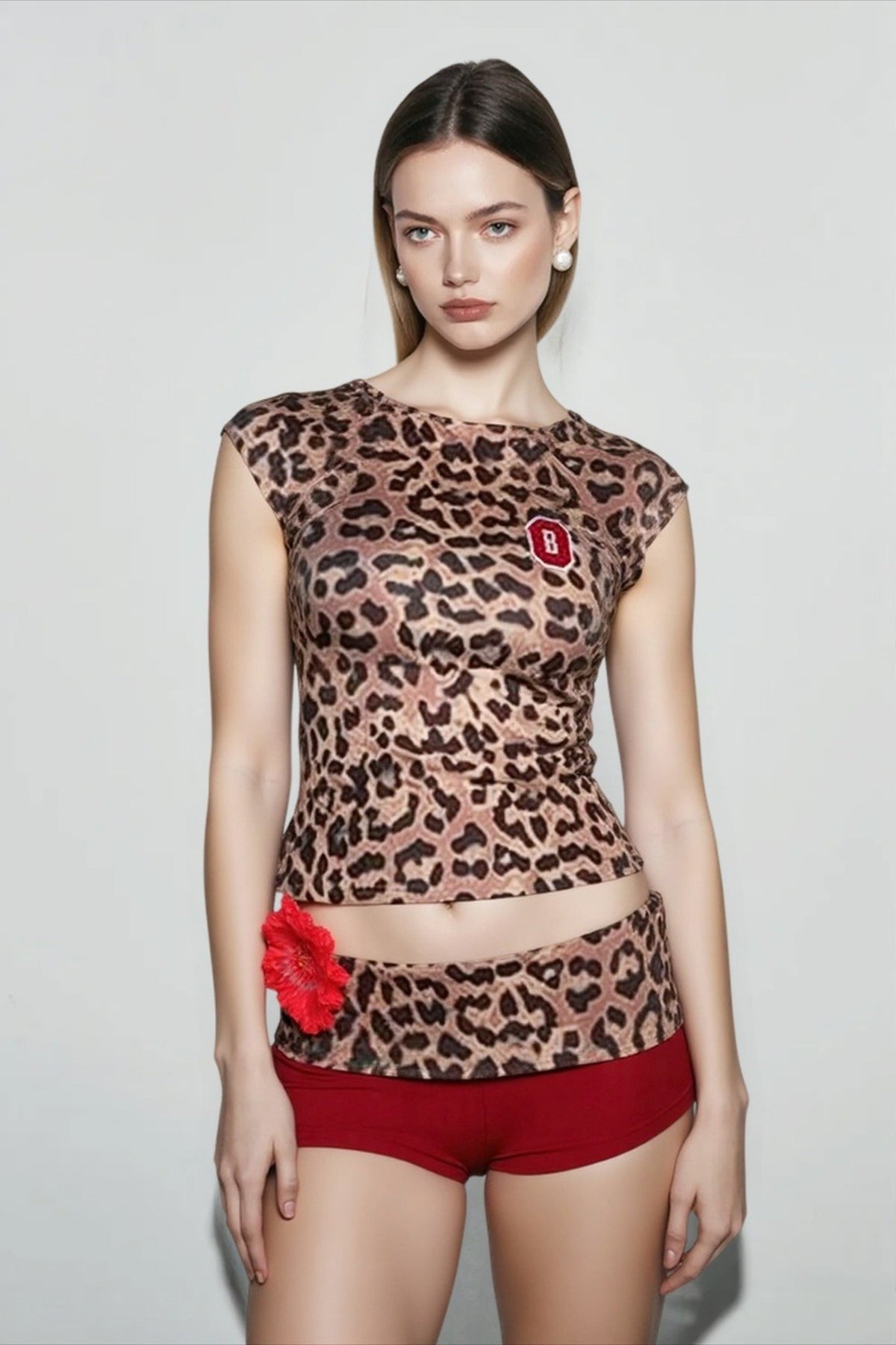 Leopard Print Cap Sleeve Top and Fold Over Waist Shorts Two Piece Set