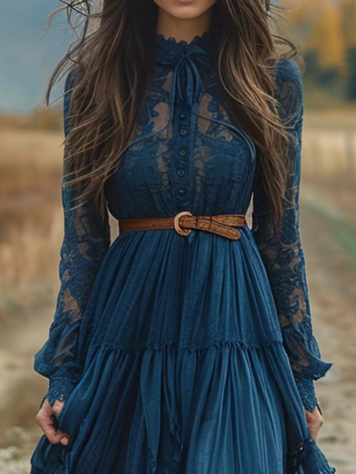 Lace Mock Neck Long Sleeve Button Front Tiered Ruffle Maxi Dress 2