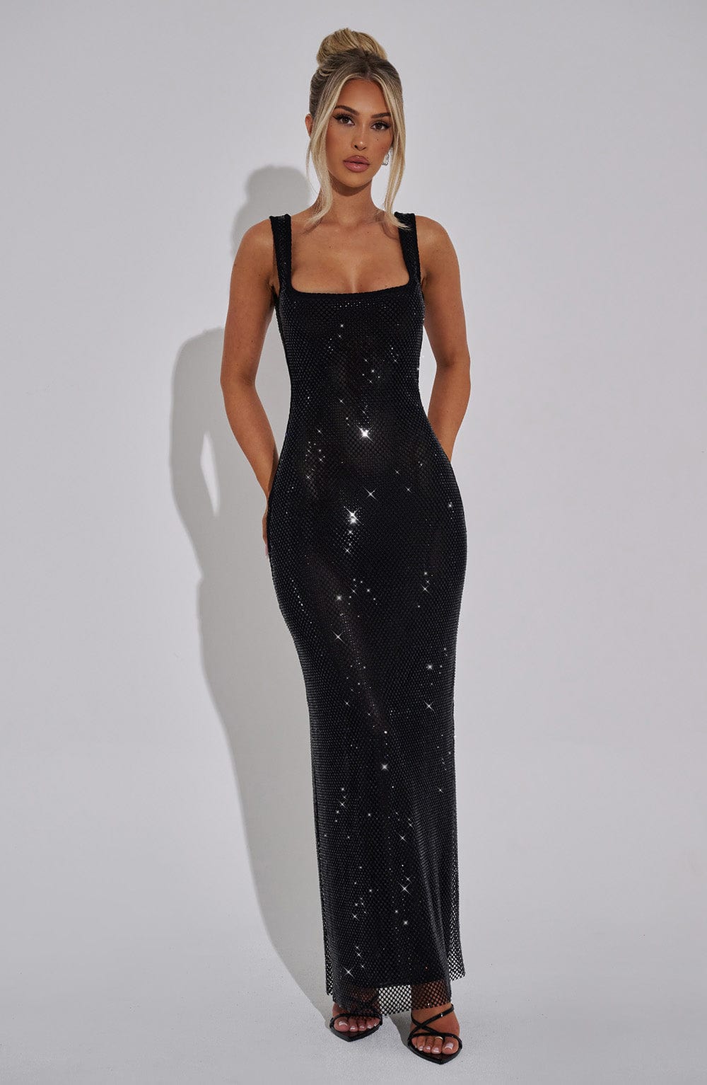 Rhinestone Fishnet Mesh Scoop Neck Tank Bodycon Maxi Dress 3