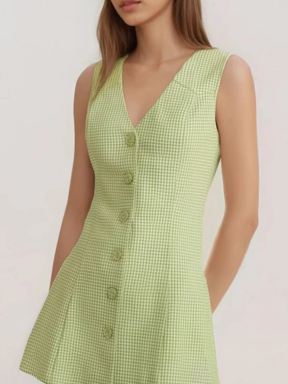 Gingham V-Neck Sleeveless Button Front A-Line Mini Dress