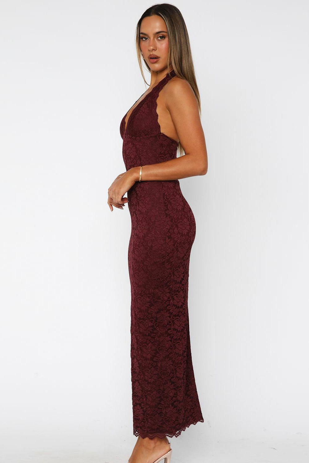 Lace Scallop V-Neck Bodycon Mermaid Maxi Dress