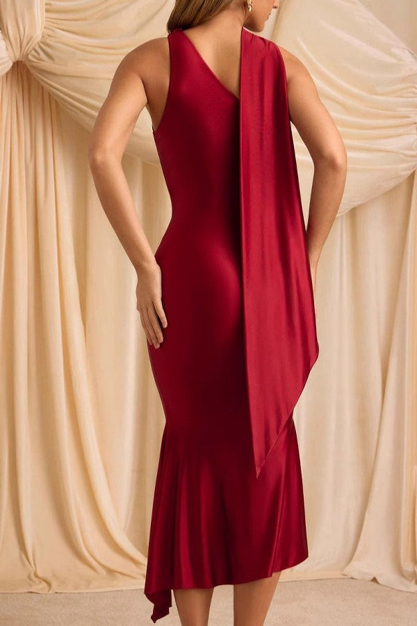 Satin One Shoulder High Neck Draped Sash Mermaid Bodycon Gown