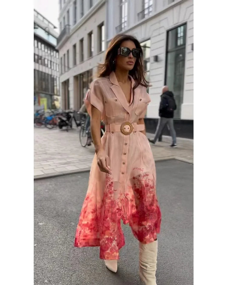 Floral Print Collared Short Sleeve Belted Shirt Midi Dress