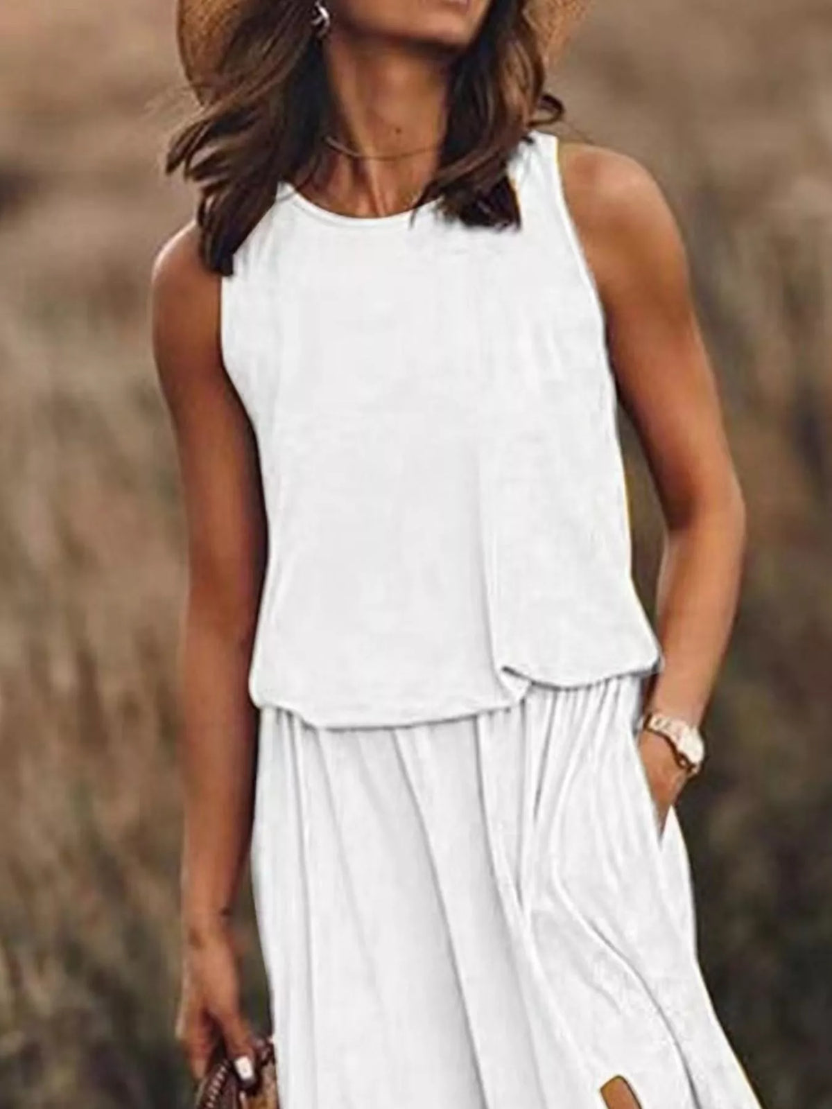Round Neck Sleeveless Slit Maxi Dress