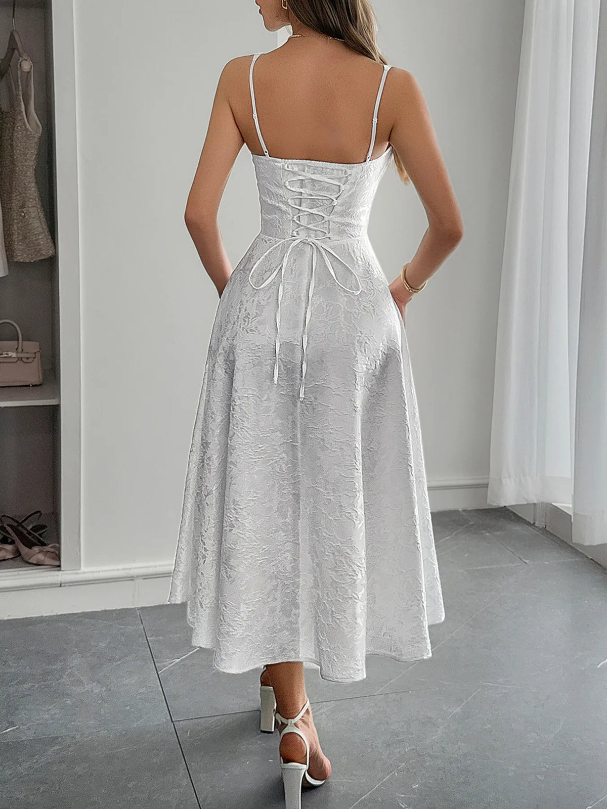 Floral Jacquard Sweetheart Corset Bodice A-Line Midi Dress 4
