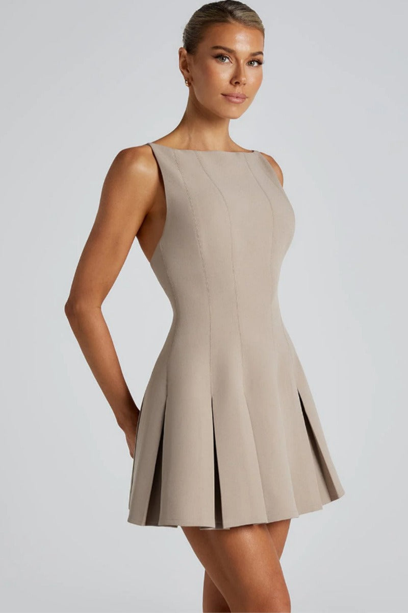 Boat Neck Sleeveless Box Pleat Structured Fit and Flare Mini Cocktail Dress