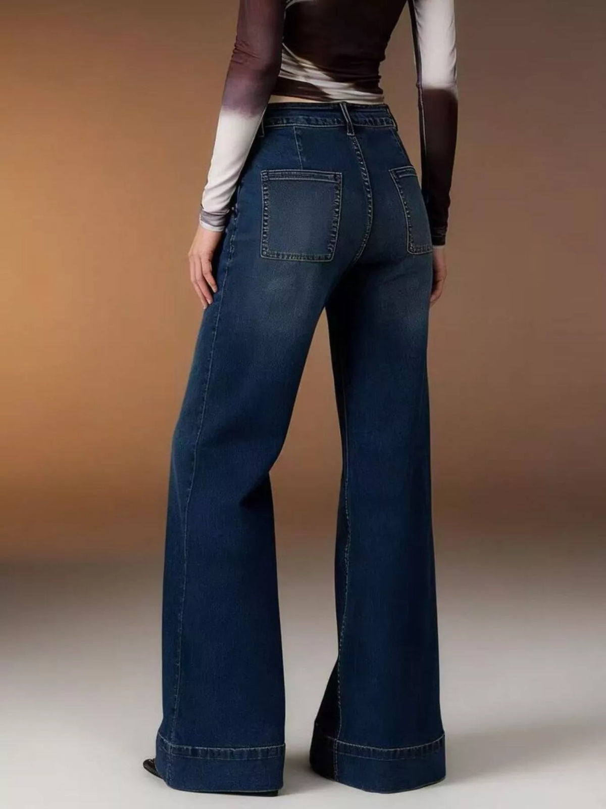 High Waist Patch Pocket Wide Cuff Hem Wide Leg Jeans 8