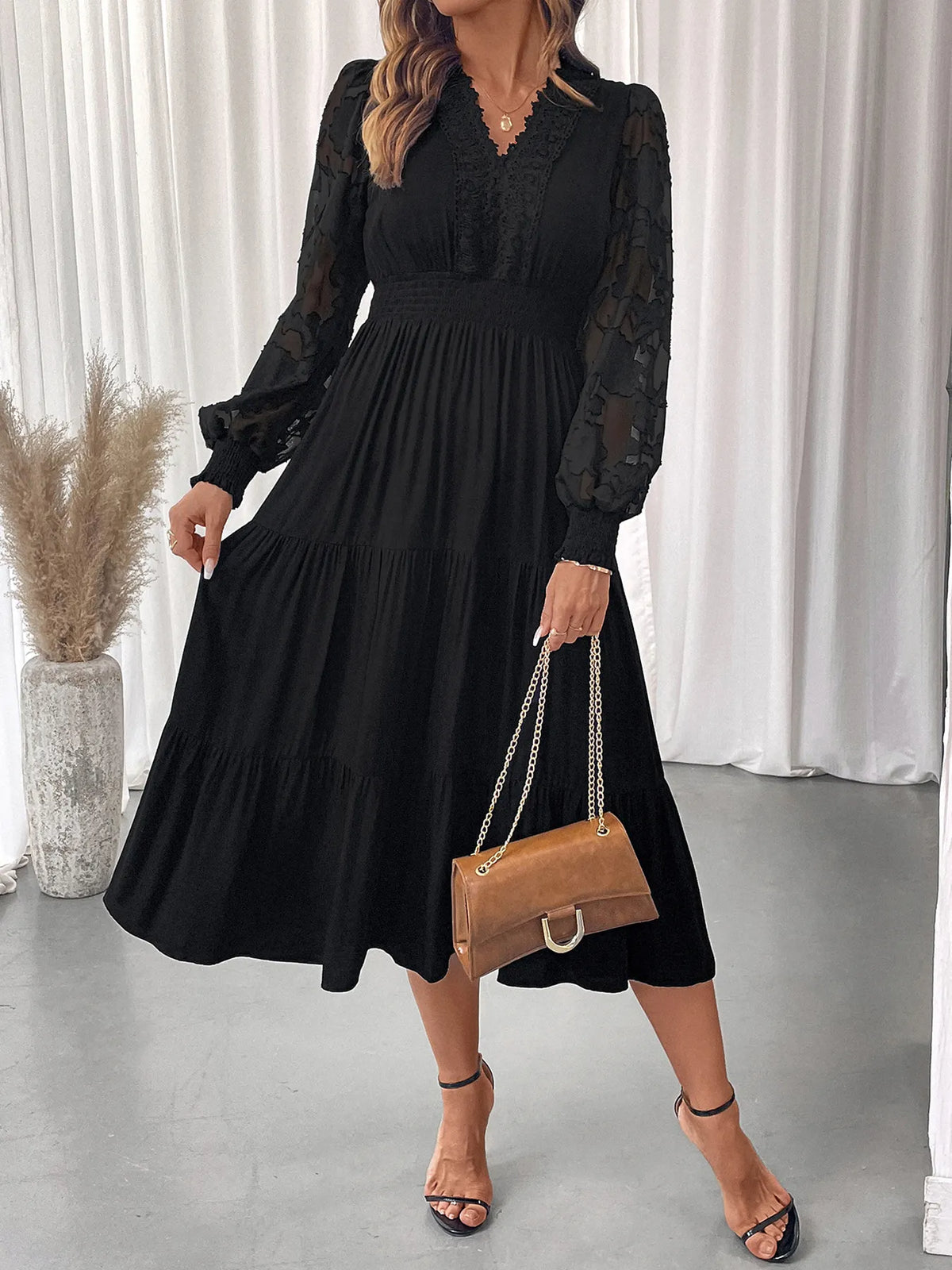 Lace Trim V-Neck Lantern Sleeve Smocked Waist Tiered Midi Dress 3