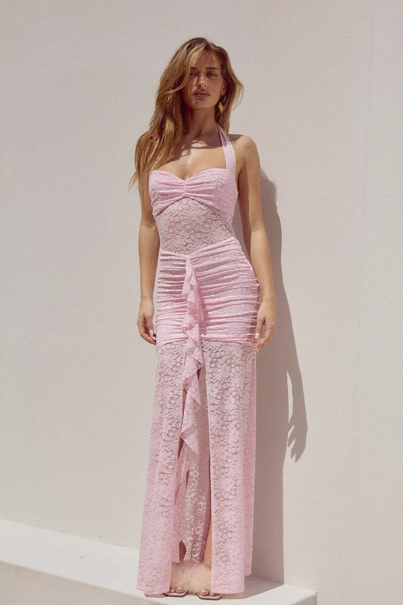 Tulle V-Neck Bishop Sleeve A-Line Maxi Dress