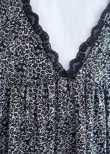 Floral Print V-Neck Lace Trim Scalloped Hem Sleeveless Gathered Waist Maxi Dress