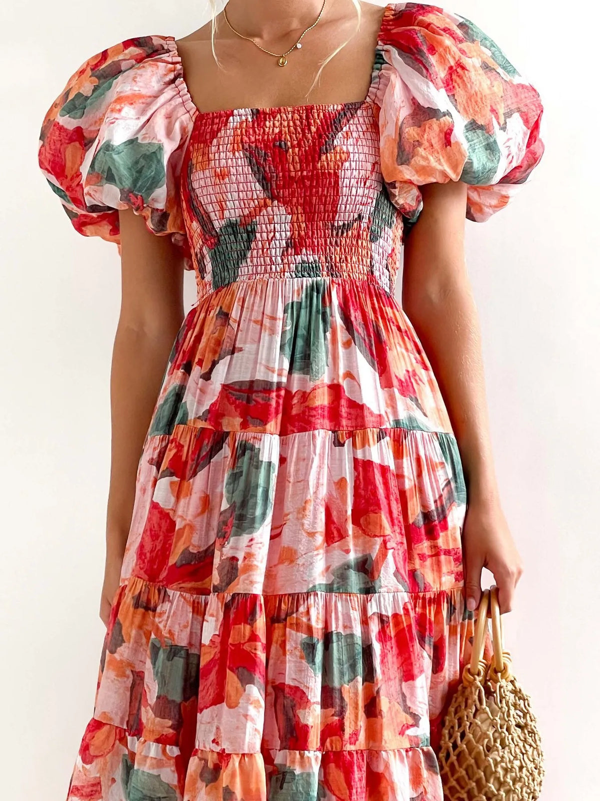 Floral Off Shoulder Smocked Puff Sleeve Tiered Maxi Dress 6