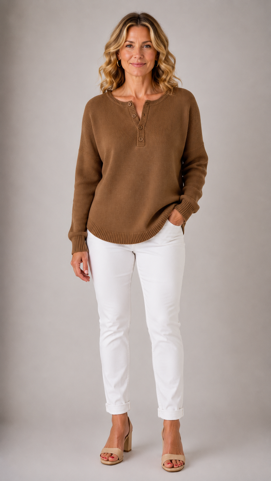 Henley Button Placket Crew Neck Long Sleeve Sweater