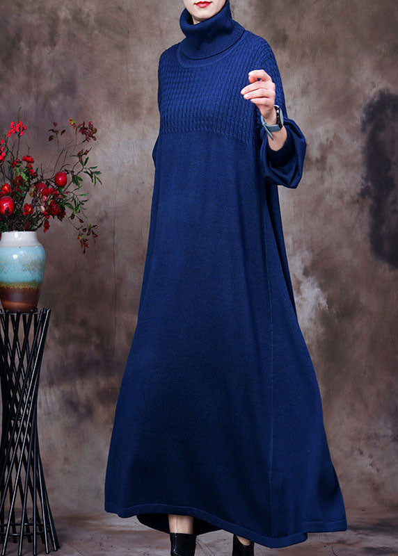 Knit Turtleneck Long Sleeve Ribbed Panel Oversized A-Line Maxi Dress