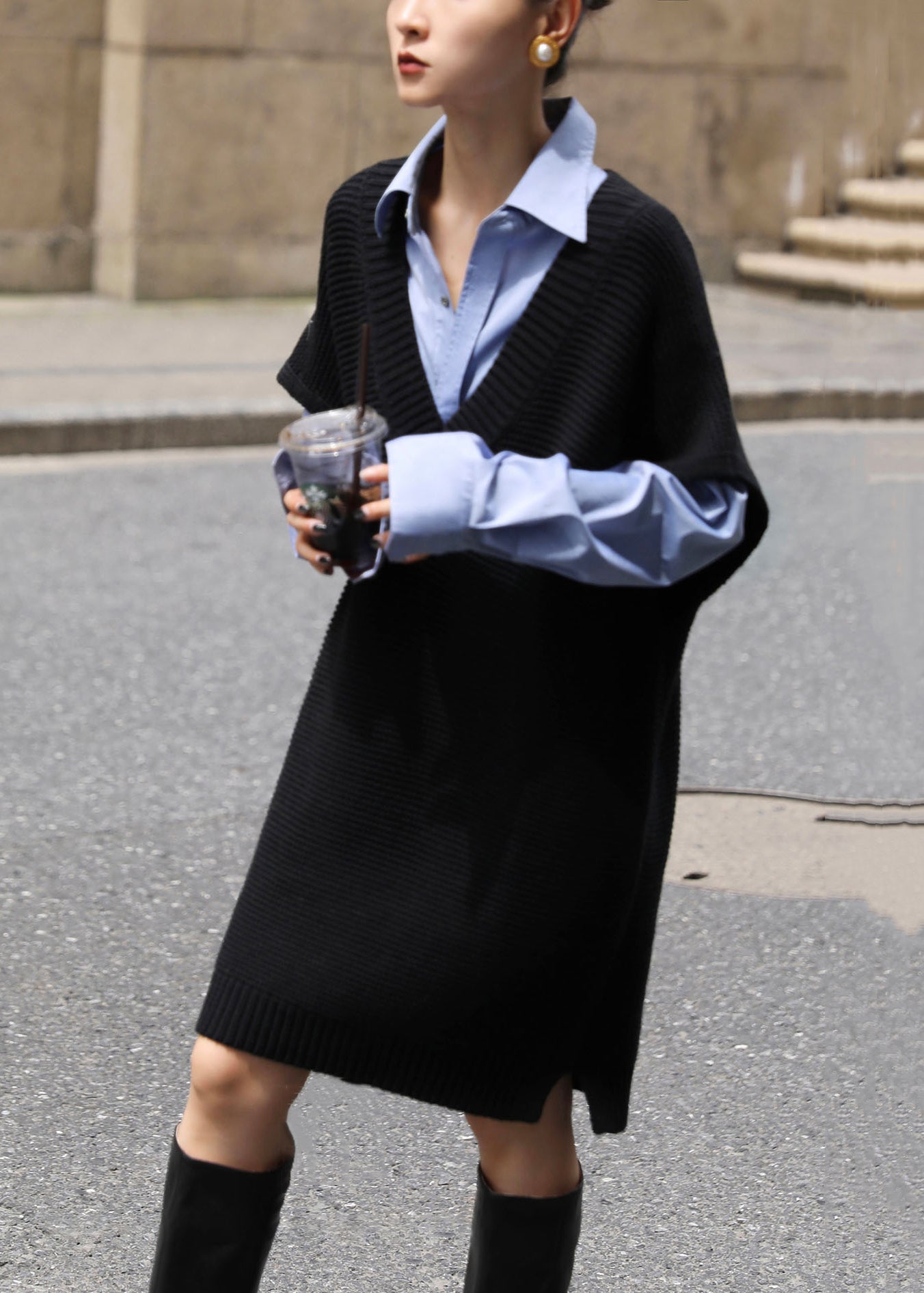 Oversized Knit Deep V-Neck Sleeveless Side Slit Mini Dress