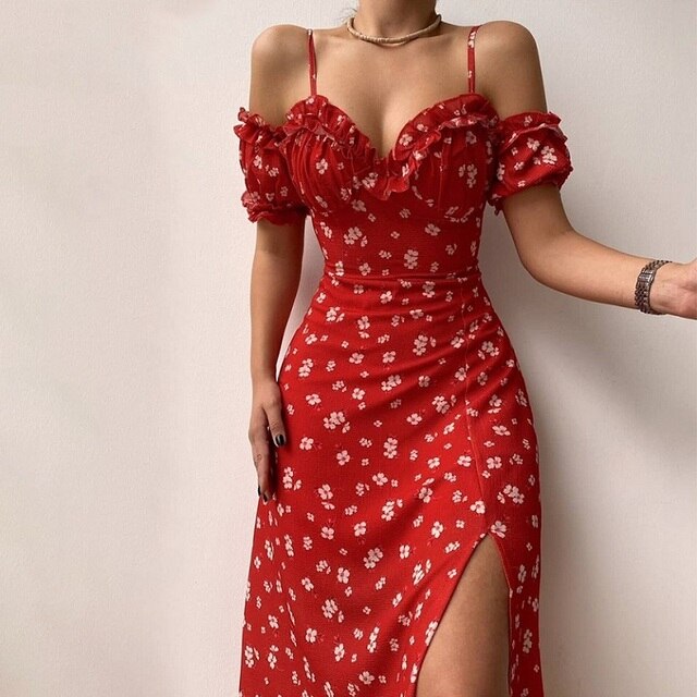 Cold Shoulder Puff Sleeve Sweetheart Ruffle High Split Midi Cocktail Dress