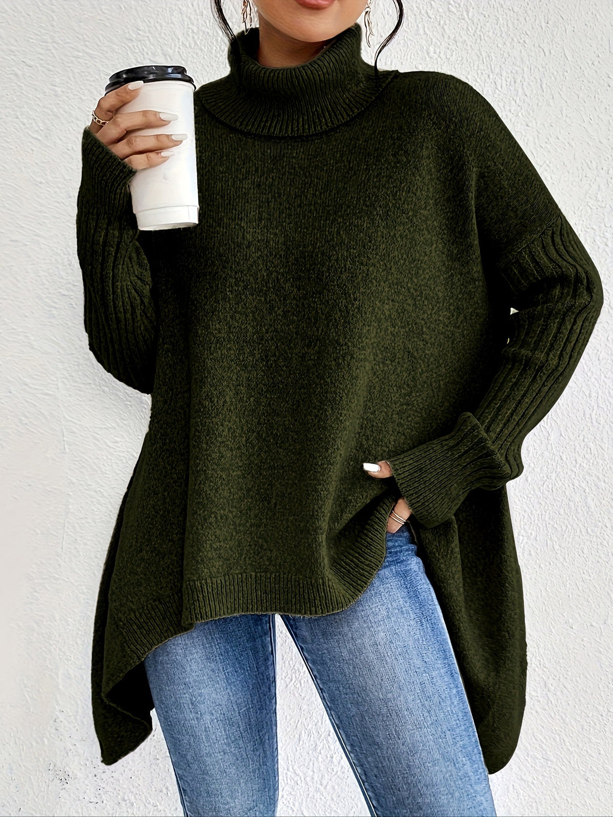Turtleneck Oversized High Low Tunic Sweater