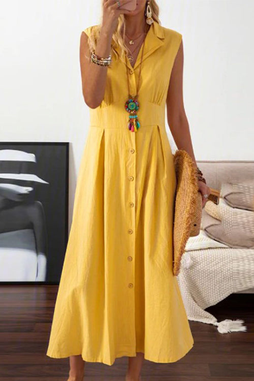 V-Neck Lapel Collar Sleeveless Button Front Pleated Waist A-Line Midi Dress