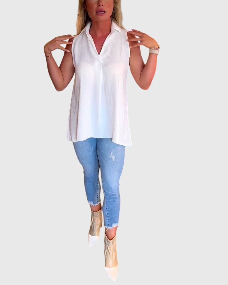 Collared Sleeveless High Low Blouse