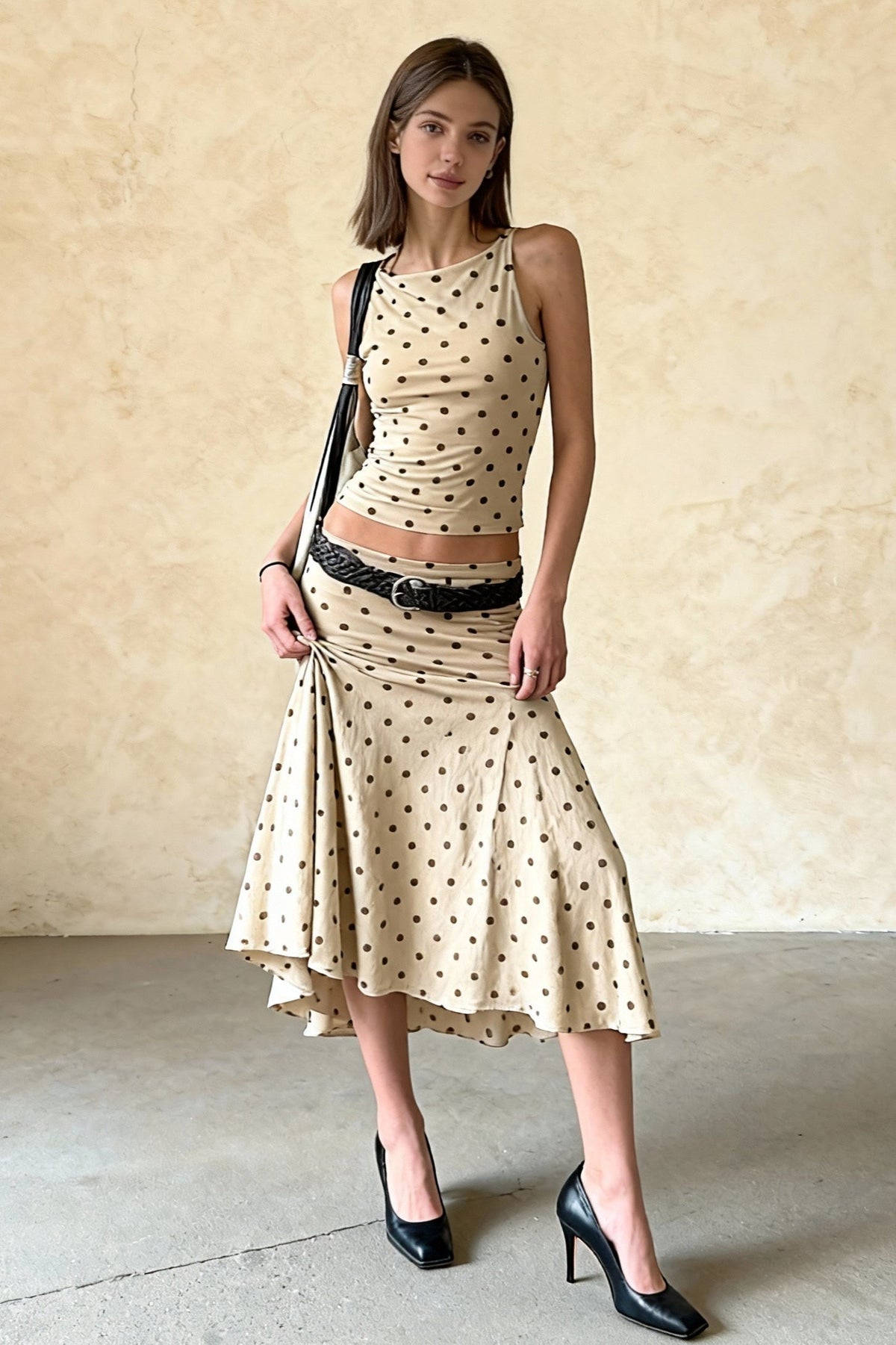 Polka Dot Sleeveless Top and Fishtail Midi Skirt Two Piece Set 2