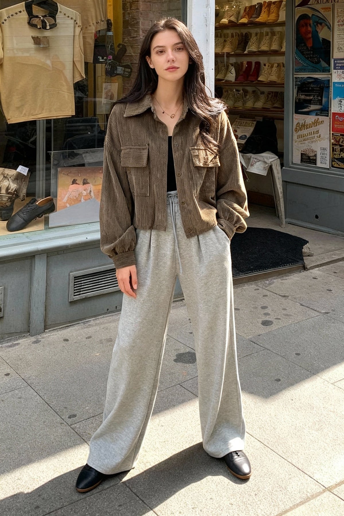 Corduroy Collared Flap Pocket Button Front Cropped Jacket