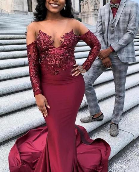 2023 Mermaid Burgundy Long Sleeves Stretchy Long With Appliques Prom Dresses fg3135