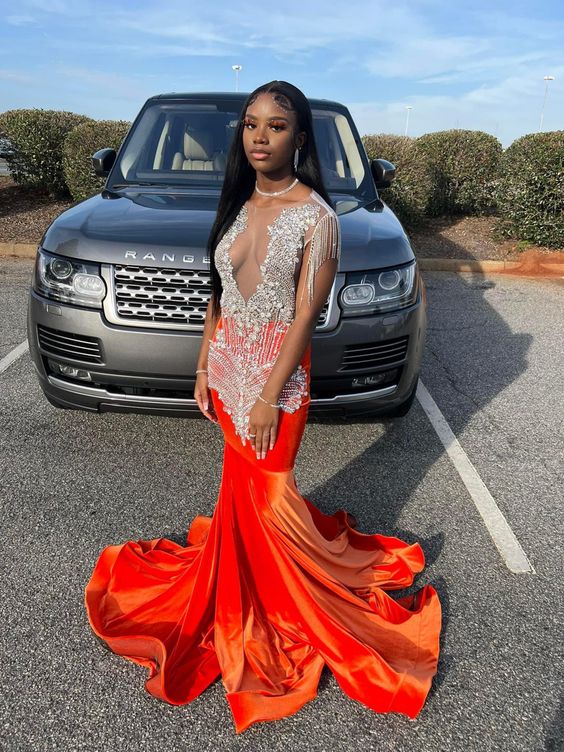 2023 Mermaid Long Orange Prom Dresses Party Dress fg3147