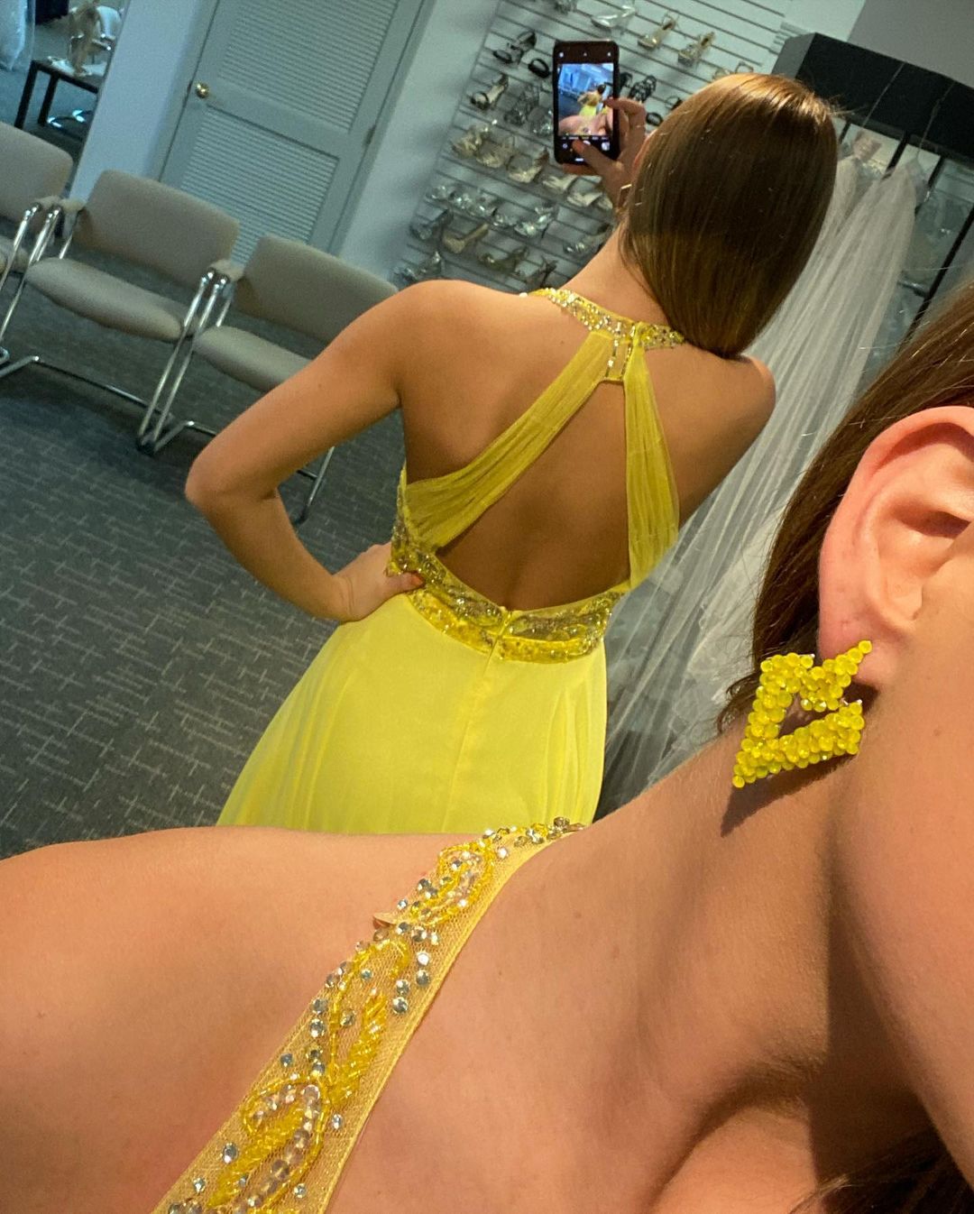Cute A Line V Neck Straps Yellow Chiffon Prom Dresses with Beading, Split Party Dresses