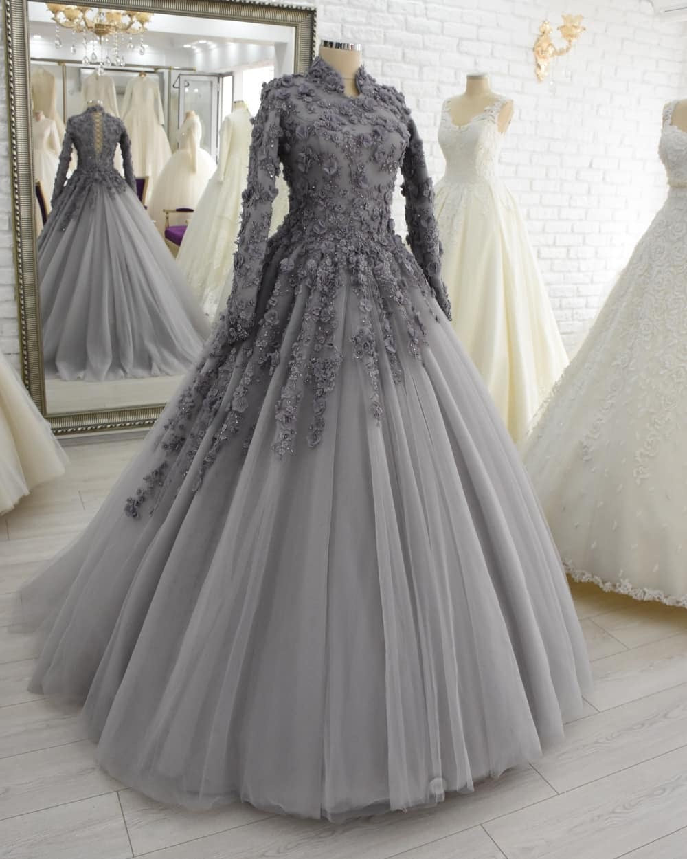 Long Sleeves Grey Formal Occasion Dresses Evening Gowns fg2649