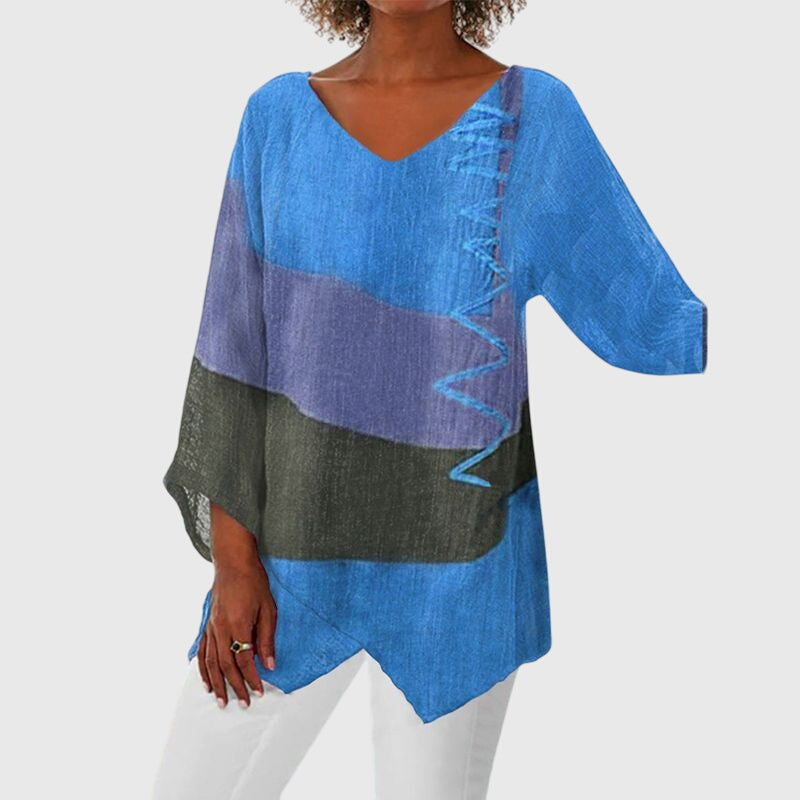 Colorblock V-Neck Long Sleeve Asymmetric Tunic Top