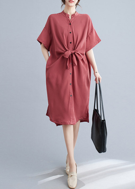 Button Down Mandarin Collar Tie Belt Short Sleeve Midi Shirt Dress
