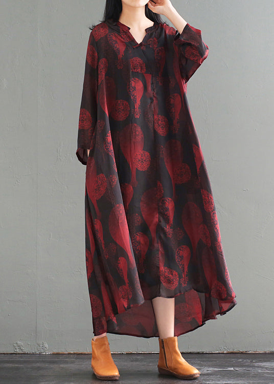 Medallion Print Mandarin Collar Frog Button High Low Long Sleeve Pocket Maxi Dress
