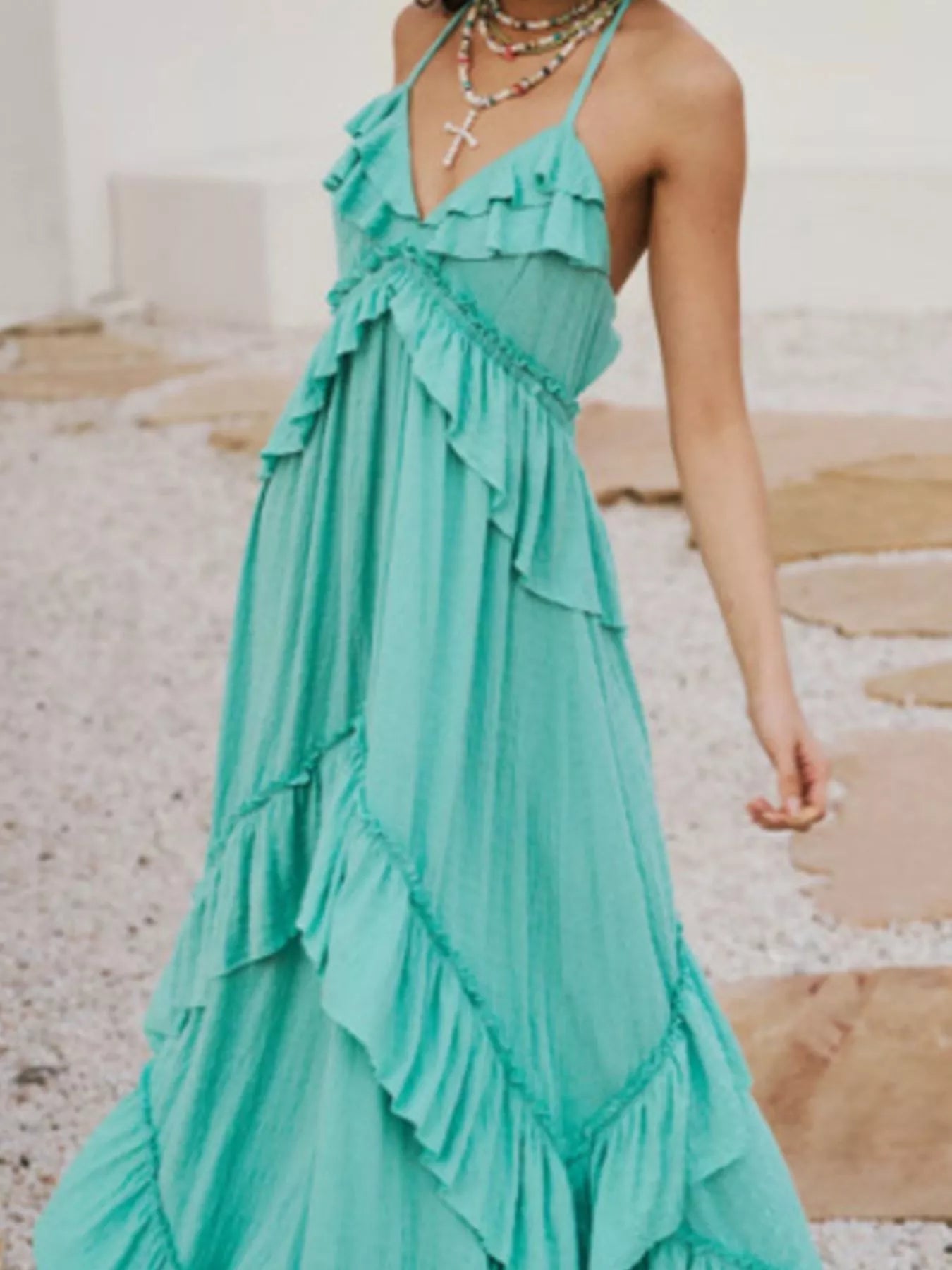 Halter Neck Deep V-Neck Ruffle Tiered Backless Maxi Dress 29