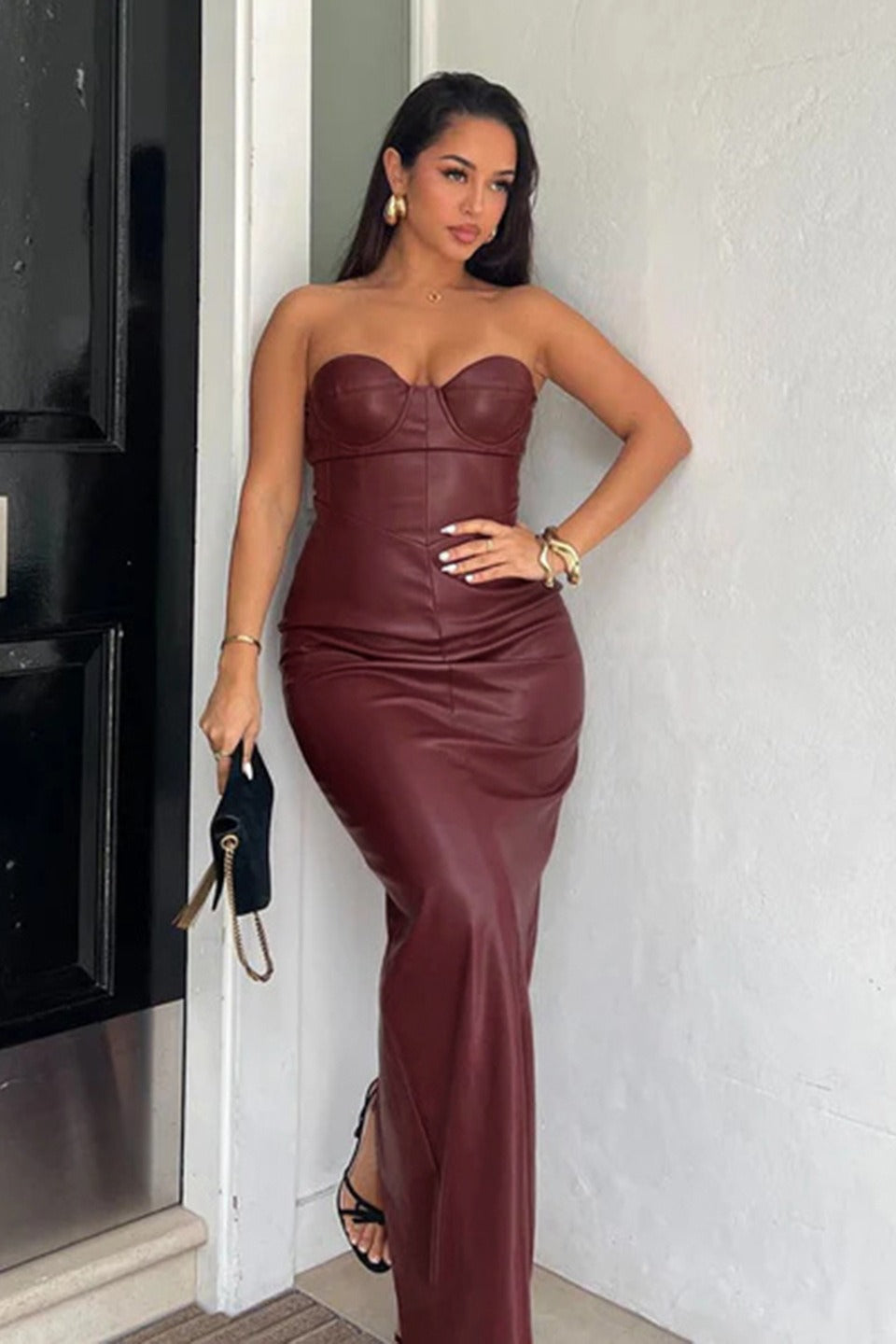 Faux Leather Strapless Corset Bodycon Maxi Party Dress