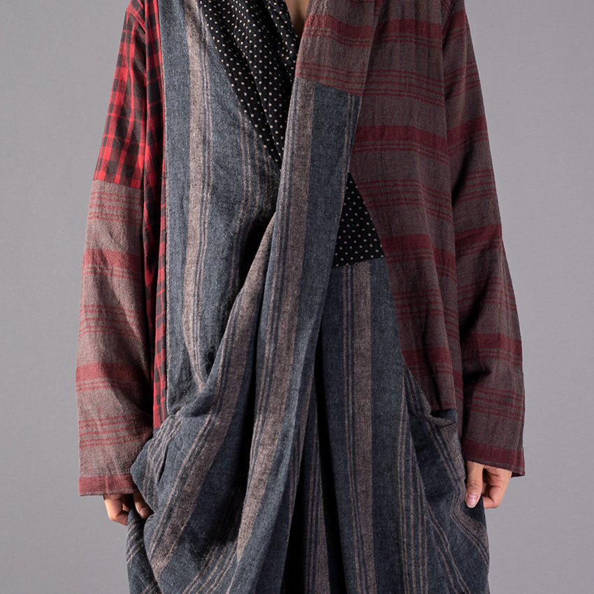 Plaid Patchwork V-Neck Asymmetric Drape Pocket Kaftan Maxi Dress