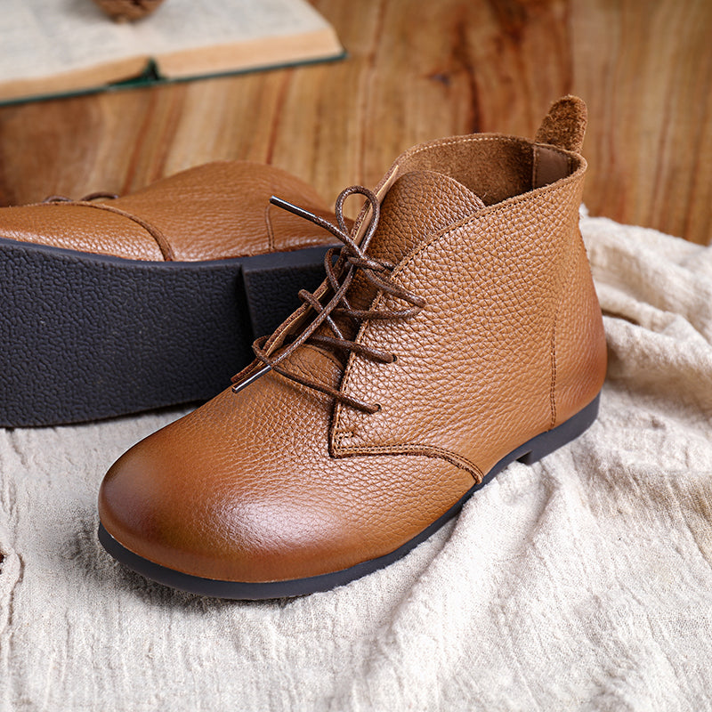 Brush-Off Leather Boots Lace-Up Soft Ankle Booties Casual Work Combat Boots Coffee/Brown