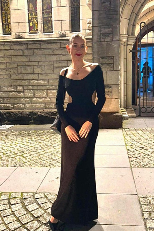 Knit Scoop Neck Long Sleeve Waist Cut Out Chain Link Maxi Party Dress