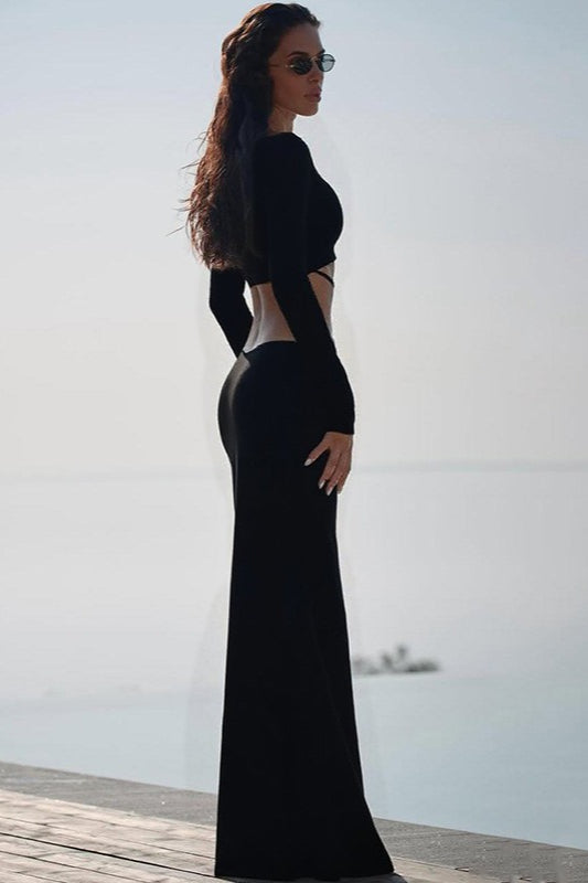 Square Neck Long Sleeve Cut Out Bodycon Maxi Dress