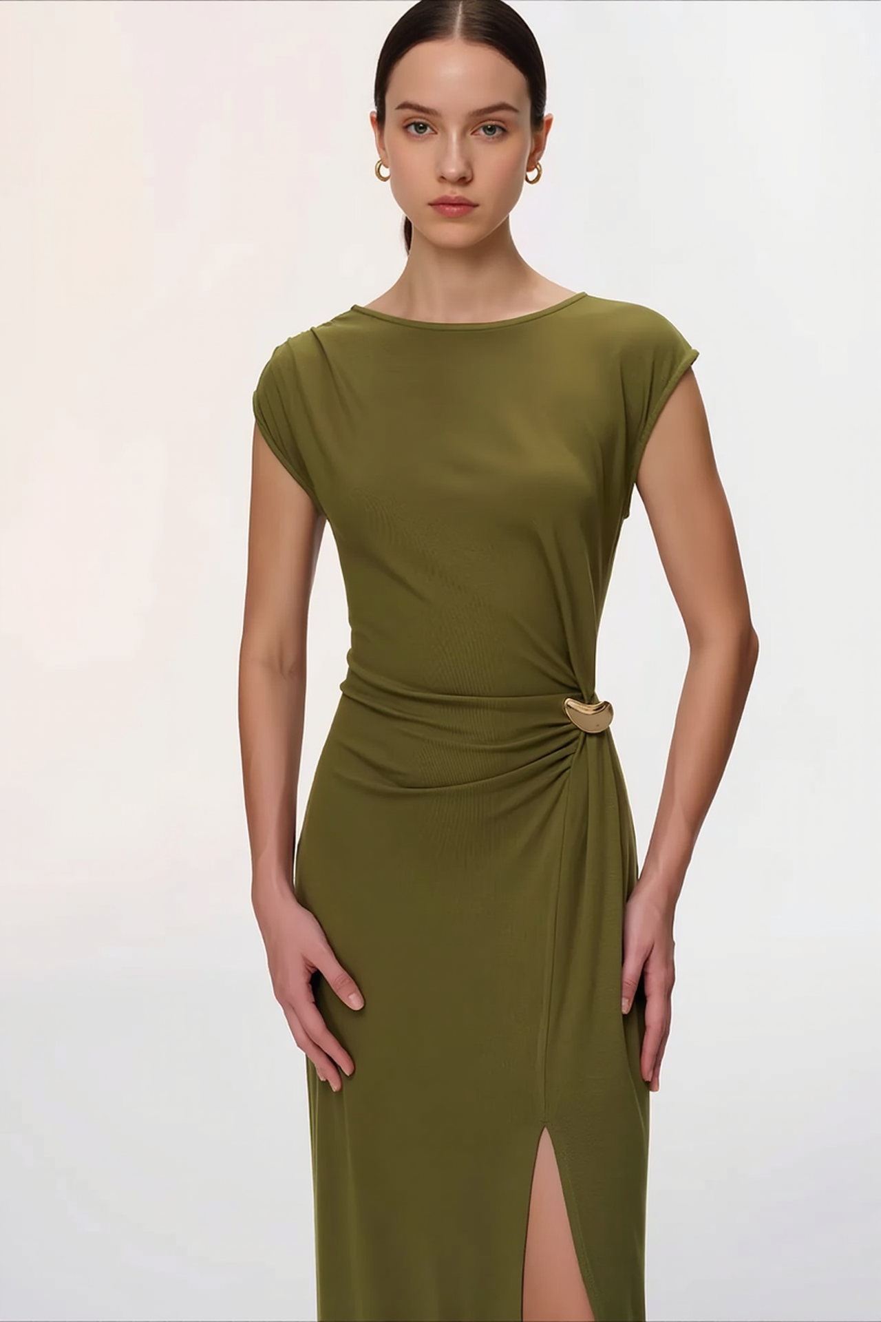 Slim Sleeveless Buckle High Slit Work Dress