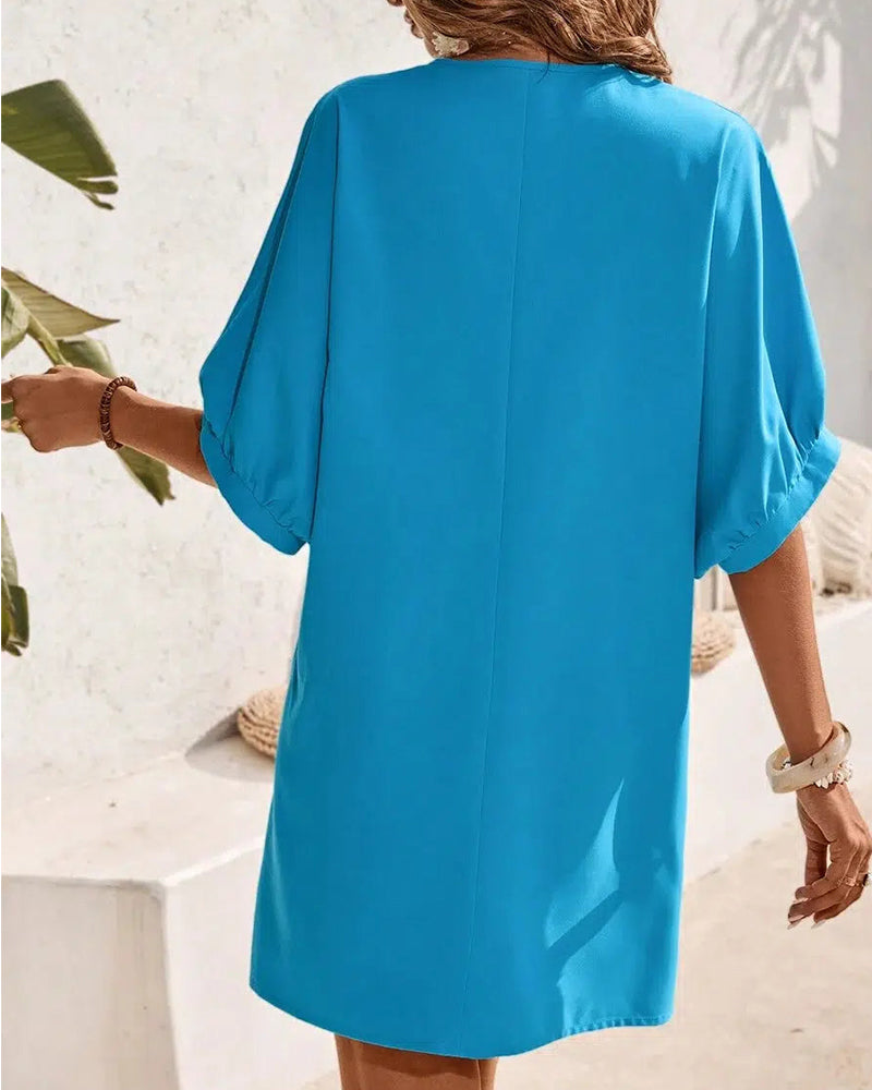 Puff Sleeve Round Neck Center Seam Shift Mini Dress