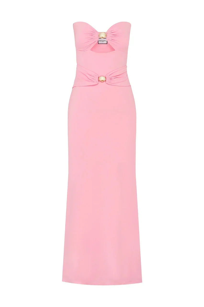 Strapless Cut Out Gold Hardware Ruched Column Maxi Dress 5