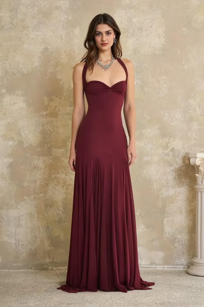 Elegant Halter Bandeau Fitted Backless Floor Length Party Dress