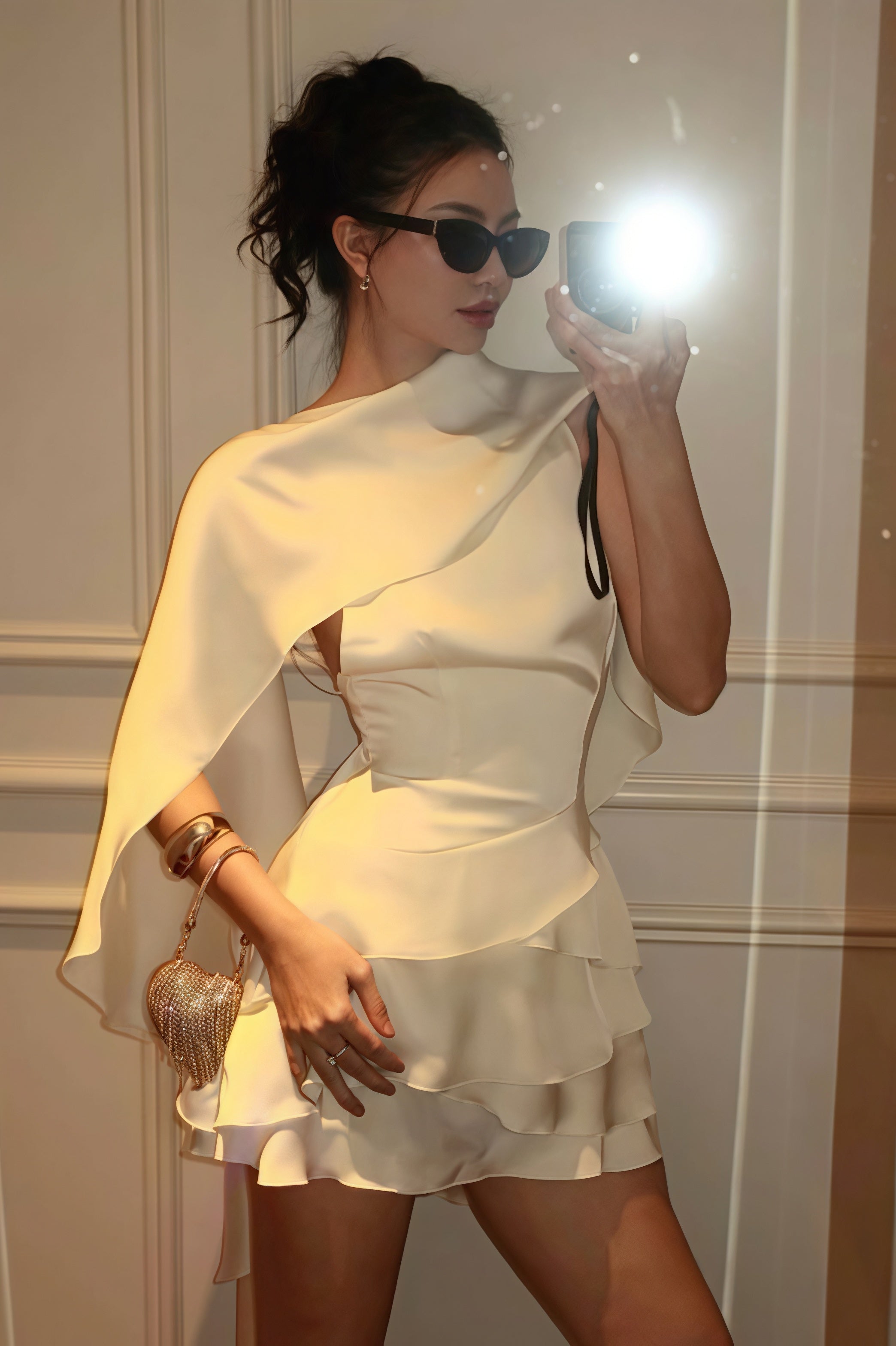 Satin Cape Ruffle Hem Mini Dress - View 3
