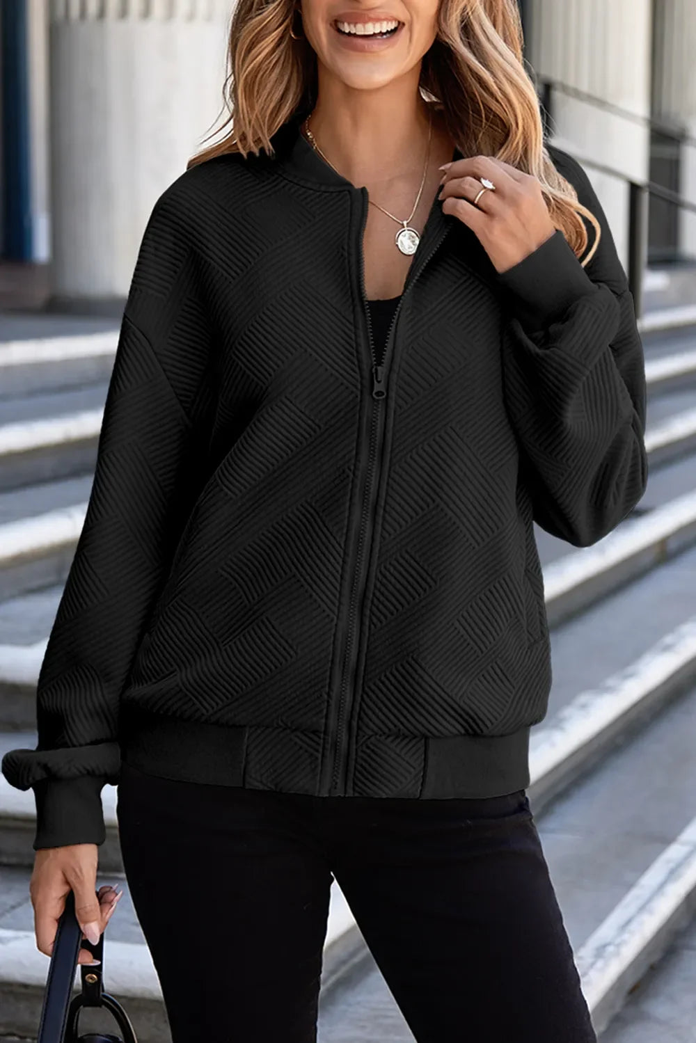 Textured Knit Zip Front Drop Shoulder Long Sleeve Bomber Jacket 6