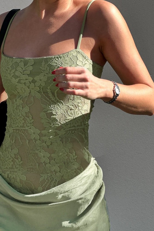 Lace Mesh Spaghetti Strap Draped Waist Maxi Dress