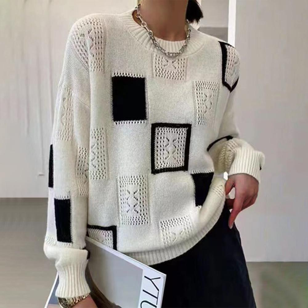 Patchwork Pointelle Crew Neck Drop Shoulder Sweater