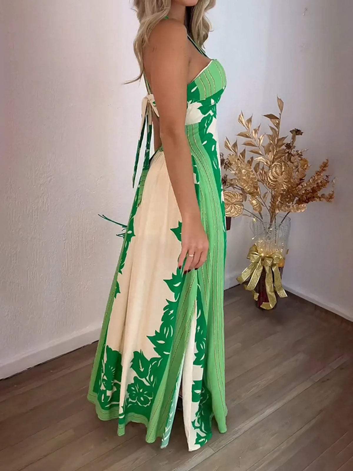 Leaf Print Crisscross Halter Keyhole Side Split Maxi Dress 3