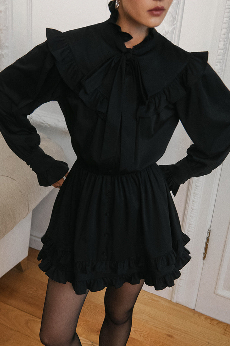 Elegant Bow Tie Lace Up Long Sleeve A Line Mini Dress - View 6