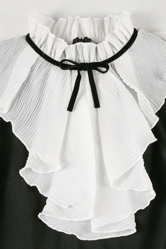 Ruffle High Neck Tie Bow Long Sleeve Fit and Flare Mini Dress