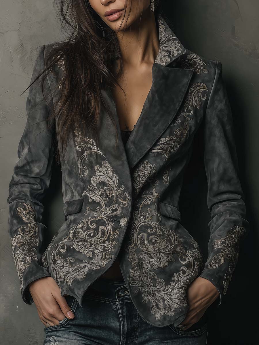 Floral Embossed Suede Look Single Button Blazer