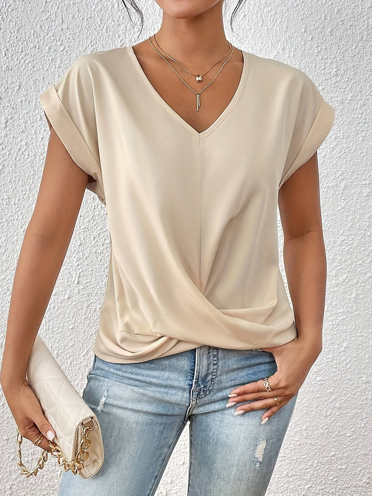 V-Neck Short Sleeve Twist Front Top